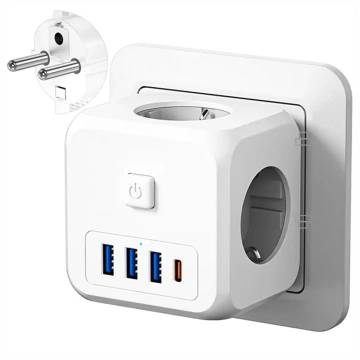 Sieťový rozbočovač rozbočovač Nabíjací adaptér zlodej 3 zásuvky EU 3x USB USB-C C 7v1 Alogy Biela