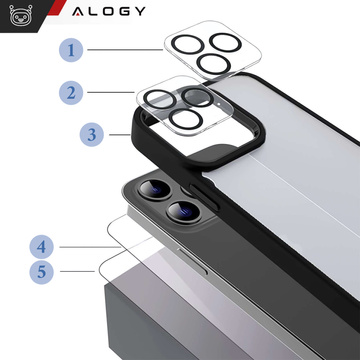 Case for iPhone 15 Pro Max Housing Case 2x screen glass and 2x lens armored Alogy 360 Hybrid Set 5in1 black and transparent