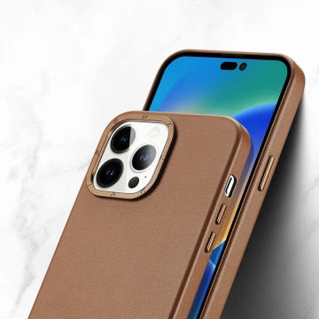 Kožený kryt Dux Ducis Grit pre iPhone 14 Pro Elegantný PU kožený kryt (kompatibilný s MagSafe) hnedý