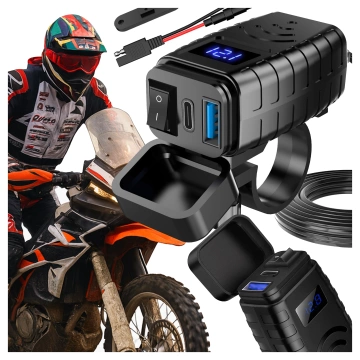 Зарядний пристрій для мотоцикла Alogy MotoCharge Pro™ з дисплеєм, швидка зарядка PD QC 3.0 потужністю 36 Вт, порти USB-A та USB-C, водонепроникний та міцний, чорний