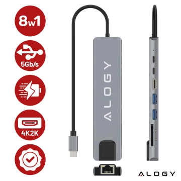 Hub 8v1 USB-C na 2xA 2xC HDMI SD Micro LAN 100mb – Alogy MultiHub™ pre notebooky