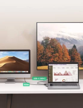 Multifunktionaler HUB UGREEN 2x USB Type C auf USB Type C PD (Thunderbolt 3, 100W, 4K@60 Hz, 10 Gbps) / HDMI 4K@30 Hz / 3x USB 3.0 für MacBook Pro / Air Grey (60559)