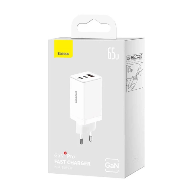 Baseus GaN5 Pro 2xUSB-C USB nástěnná nabíječka, 65W (bílá)