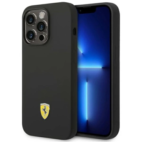 Pouzdro Ferrari iPhone 14 Pro 6,1" černo/černé pevné pouzdro Silikonové kovové logo
