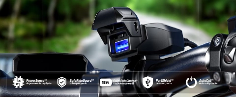 Kewig USB-A Motorradladegerät 18W, QC-Schnellladung, wasserdicht (IP65) mit Ein-/Ausschalter und LED-Hintergrundbeleuchtung, Lenkerhalterung, für Handy, Kamera und Gegensprechanlage – Schwarz