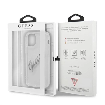 Guess GUHCP12LKTRSVSI iPhone 12 Pro Max 6,7" priehľadné pevné puzdro Vintage Script Silver