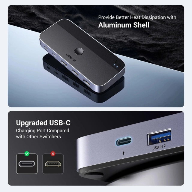 UGREEN CM662 USB 3.0 PREPÍNAČ 2 V 4 DIAĽKOVÉ OVLÁDANIE 2x 5Gb/s KÁBEL