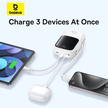 Baseus Qpow Pro 20000mAh 22.5W Powerbank with Built-in USB-C Cable and Display - White