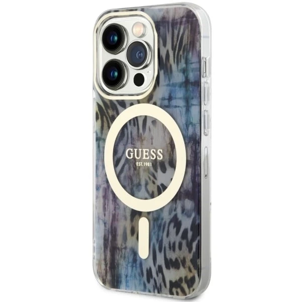 Puzdro na telefón Guess GUHMP14LHLEOPWB do Apple iPhone 14 Pro 6,1" niebieski/modré pevné puzdro Leopard MagSafe