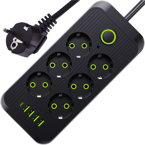 Verlängerungskabel Steckdosenleiste 6 Steckdosen AC EU-Steckdosen 4x USB USB-C Typ C-Steckdosen 2500 W Schwarz