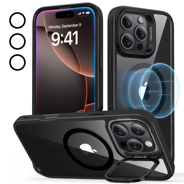 Etui hybrydowe ochronne do Apple iPhone 16 Pro Alogy KickStand Hybrid Case z podpórką do MagSafe Czarne + szkło hartowane