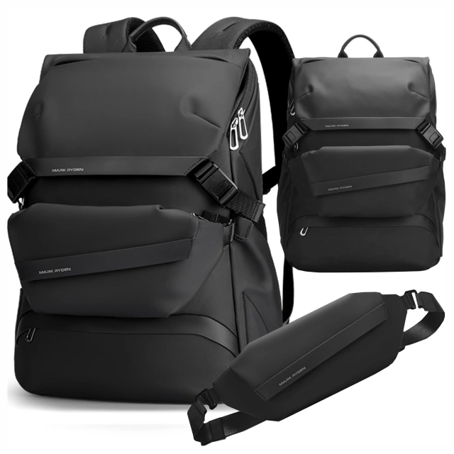 Mark Ryden Rucksack mit abnehmbarer Hüfttasche (2-in-1), Handgepäck, kostenlos, wasserdicht, 18 l, mit Laptopfach (bis 15,6 Zoll), Hüfttasche, City- und Reiserucksack, 40 x 30 x 14 cm – Schwarz