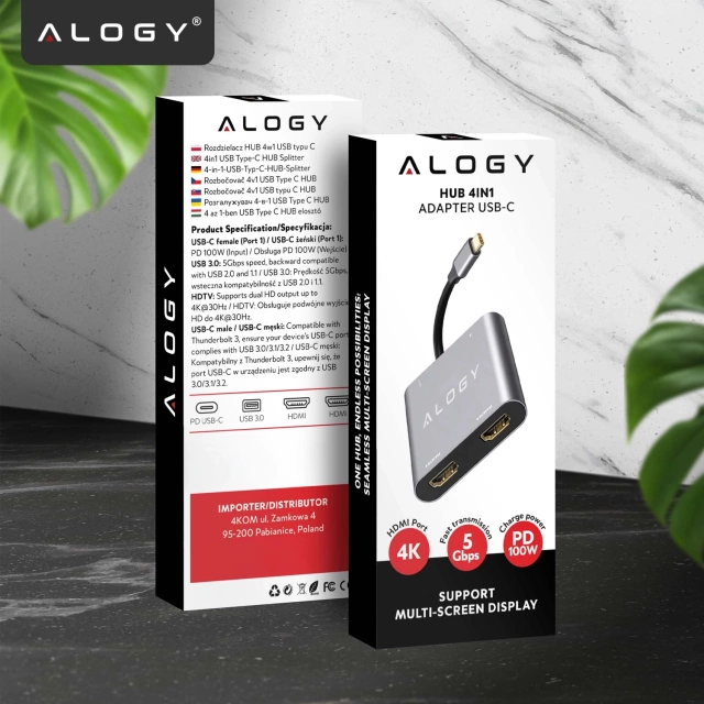 Розгалужувач HUB Alogy Adapter для ноутбука з USB-C на 3x USB-A 2.0 1x USB-A 3.0 сірий