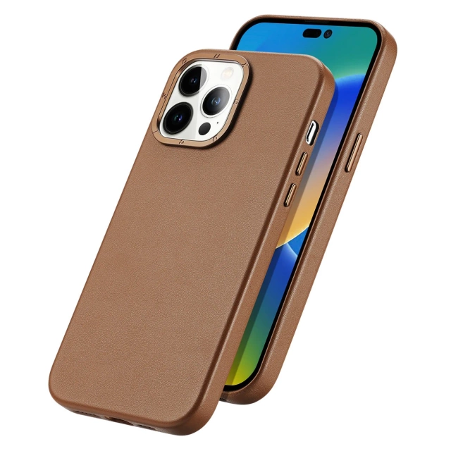 Dux Ducis Grit Leather Case for iPhone 14 Pro Max Sleek Faux Leather Cover (MagSafe Compatible) Brown