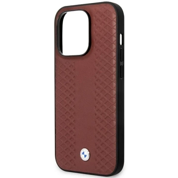 Sada na telefon BMW BMHMP14X22RFGR do Apple iPhone 14 Pro Max 6,7" vínová/vínová kůže s diamantovým vzorem MagSafe
