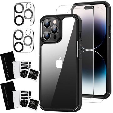 Pouzdro pro iPhone 14 Pro sada 4 brýlí 5v1 obrněný 360 Alogy Hybrid 2x sklo displeje 2x čočka černá-průhledná