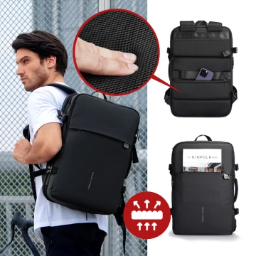 Mark Ryden 17,3"-Laptop-Rucksack, USB-Anschluss, wasserdicht, minimalistisch und geräumig (37 l), komfortabel, erweiterbar durch 180°-Öffnung, 48 × 31 × 14–25 cm – Schwarz
