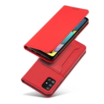 Magnet Card Case etui do Samsung Galaxy A12 5G pokrowiec portfel na karty kartę podstawka czerwony