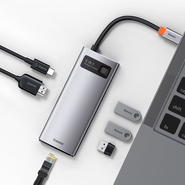 Концентратор 6w1 Baseus Metal Gleam Series, USB-C до 3x USB 3.0 HDMI USB-C PD Ethernet RJ45