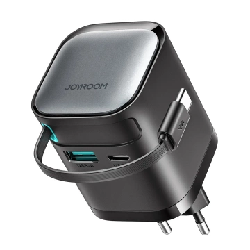 Joyroom JR-TCL02 65W USB-A USB-C GaN nabíjačka so vstavaným USB-C káblom – čierna