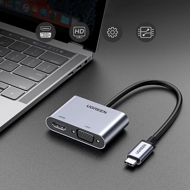 Ugreen CM162 adaptér USB-C HDMI VGA USB-A 3.0 PD 100W 4K sivý