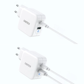 Choetech rýchla GaN USB nástenná nabíjačka Typ C PD USB-A QC3.0 65W 3,25A biela (PD8002)