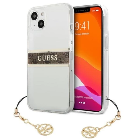 Guess GUHCP13SKB4GBR iPhone 13 mini 5,4" Transparentné pevné puzdro 4G Brown Strap Charm