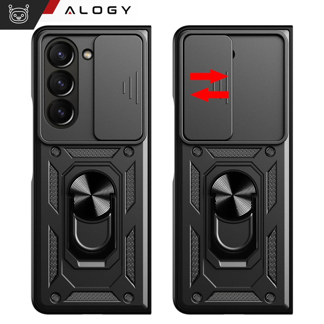 Gepanzerte Hülle für Galaxy Z Fold 5 Camshield Case Ring Alogy Stand mit verschiebbarer Kameraabdeckung, schwarz