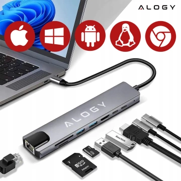Hub 8v1 USB-C na 2xA 2xC HDMI SD Micro LAN 100mb – Alogy MultiHub™ pre notebooky