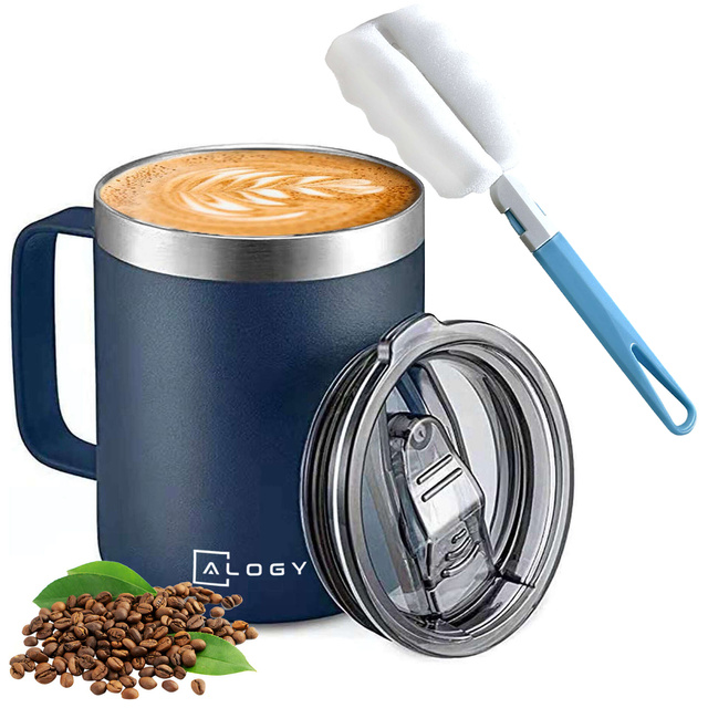 Thermal mug 420ml with handle lid for coffee tea steel cold and warm drinks Alogy navy blue Washing brush