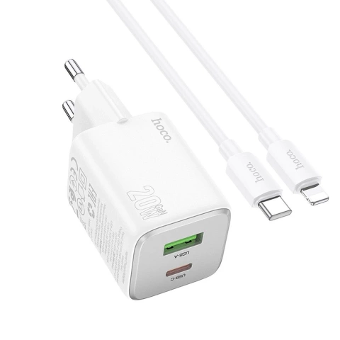 Зарядний пристрій Hoco N41 GaN 20W USB-C USB-A USB-C Кабель Lightning Білий