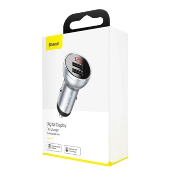 Baseus autonabíjačka s displejom, 2x USB, 4,8A, 24W (strieborná)