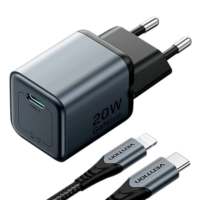 Зарядний пристрій GaN Vention USB-C 20W USB-C - Lightning кабель 1 м сірого кольору