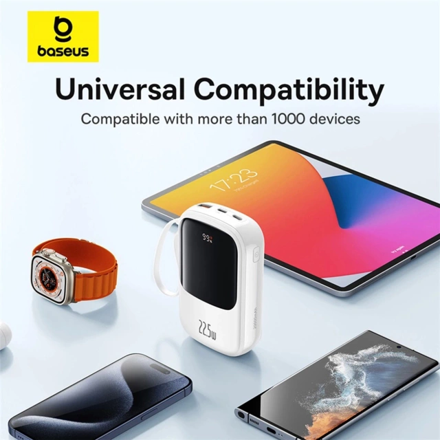 Powerbanka Baseus Qpow Pro 20000mAh 22,5W so vstavaným káblom USB-C a displejom – biela