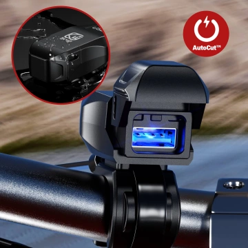 Nabíjačka na motocykel Kewig USB-A 18W, rýchle nabíjanie QC, vodotesná IP65 s vypínačom a LED podsvietením, upevnenie na riadidlá, pre telefón, kameru, interkom – čierna