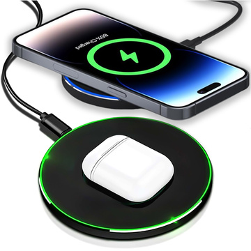 QI bezdrátová indukční nabíječka 20W rychlá LED Alogy kulatý silný USB-C kabel Černý