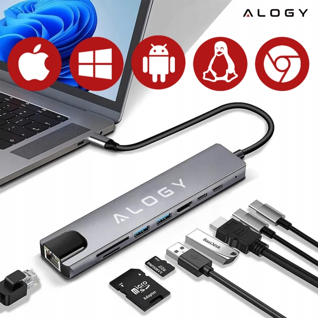 Хаб 8-в-1 USB-C на 2xA 2xC HDMI SD Micro LAN 100 Мбіт/с – Alogy MultiHub™ для ноутбуків