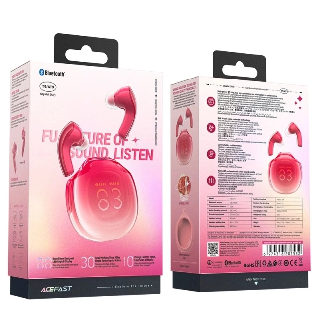 Acefast T9 Bluetooth 5.3 LED IPX4 Ohrhörer – In-Ear, Rot
