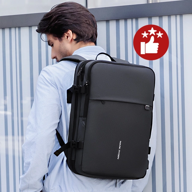 Mark Ryden 17,3"-Laptop-Rucksack, USB-Anschluss, wasserdicht, minimalistisch und geräumig (37 l), komfortabel, erweiterbar durch 180°-Öffnung, 48 × 31 × 14–25 cm – Schwarz