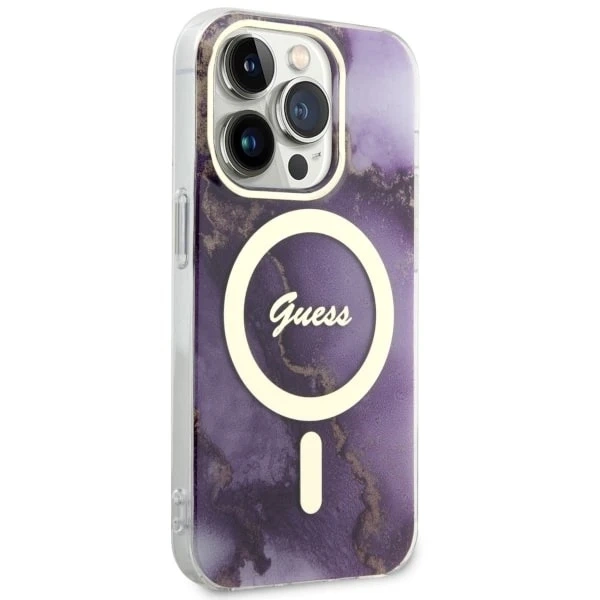 Postavené na telefóne Guess GUHMP14LHTMRSU pre Apple iPhone 14 Pro 6,1" fialové/fialové pevné puzdro Golden Marble MagSafe