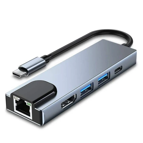 Adaptér Ecobox Dex Type-C HDMI USB RJ45 Type-C Stříbrný