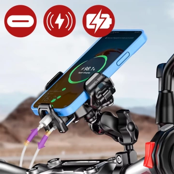 Мототримач KEWIG M11B для телефону з зарядним пристроєм QC 3.0 15W Qi Чорний