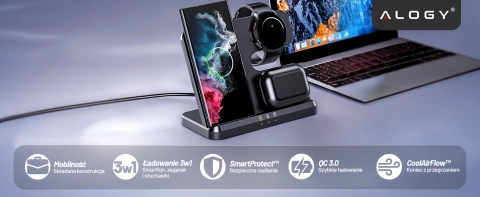 Bezdrátová indukční nabíječka 3v1 Qi 3.0 Fast pro Samsung S22 S23 S24 Galaxy Watch Buds Station černá