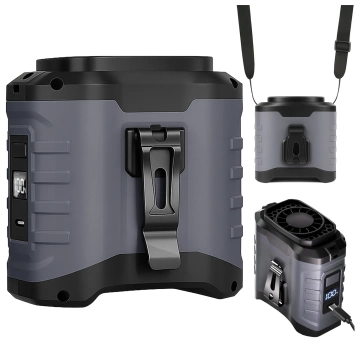 Fan with belt clip, 4000 mAh battery, 5 speed levels, 8-40 hours runtime, USB charging, for use on construction sites, outdoors, hiking, for summer work, power bank