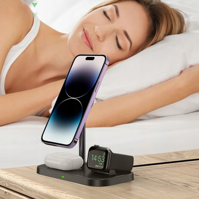 Qi Mag Safe 15W inductive charger for iPhone Apple Watch AirPods 3in1 wireless stand station Black
