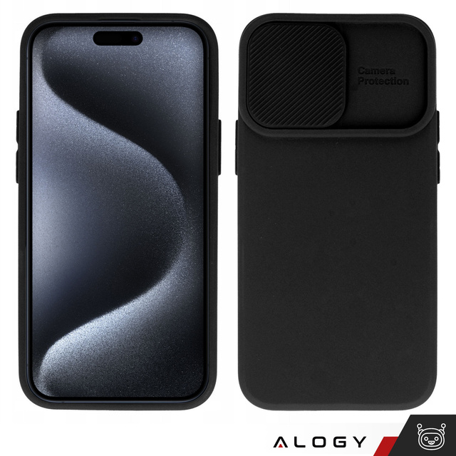 Pouzdro pro iPhone 15 Plus Slide Case s ochranou objektivu Pouzdro fotoaparátu Matte Black Alogy Soft Matt Glass