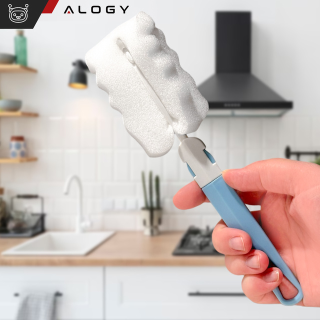 Umývacia kefka na čistenie fliaš, pohárov a pohárov Sponge Cleaner Umývačka so sklopnou rukoväťou Alogy modrá a biela