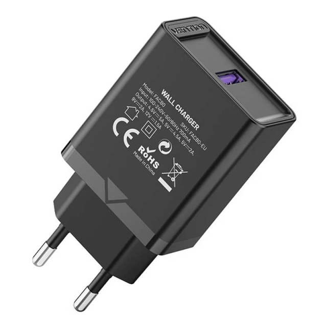 Vention FACB0-EU USB 22.5W QC 3.0 Wall Charger Black
