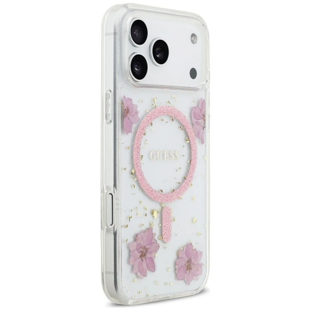 Etui Guess MagSafe do iPhone 17 Pro Max Resin Flowers Glitter Pink