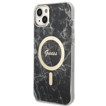 Zestaw Guess GUBPP14SHMEACSK Case  Charger iPhone 14 6,1" czarny/black hard case Marble MagSafe